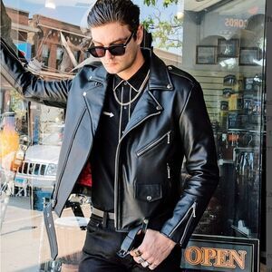 J & J Mens Black Belted Leather Motorcycle Quilted Lined Jacket Black S / 38
